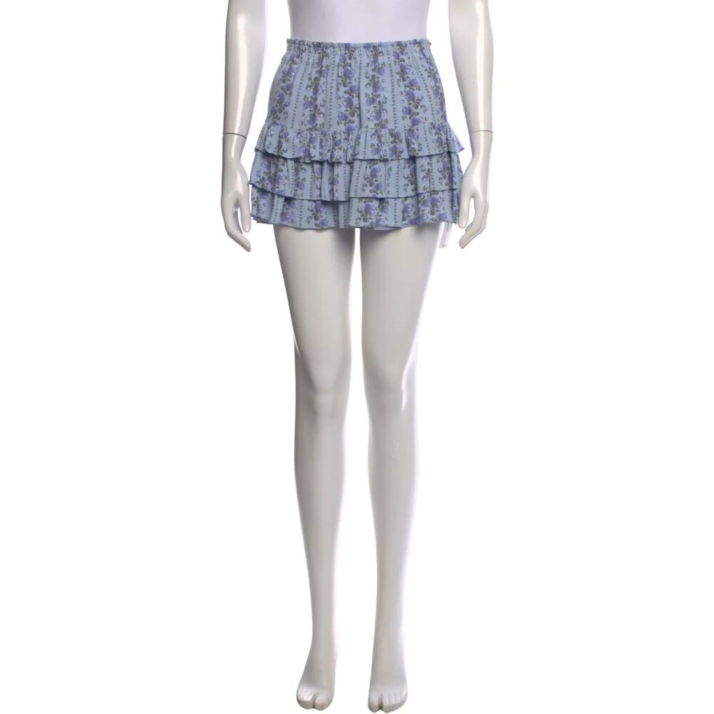LoveShackFancy Blue Floral Ruffle Mini Skirt Womens Large
